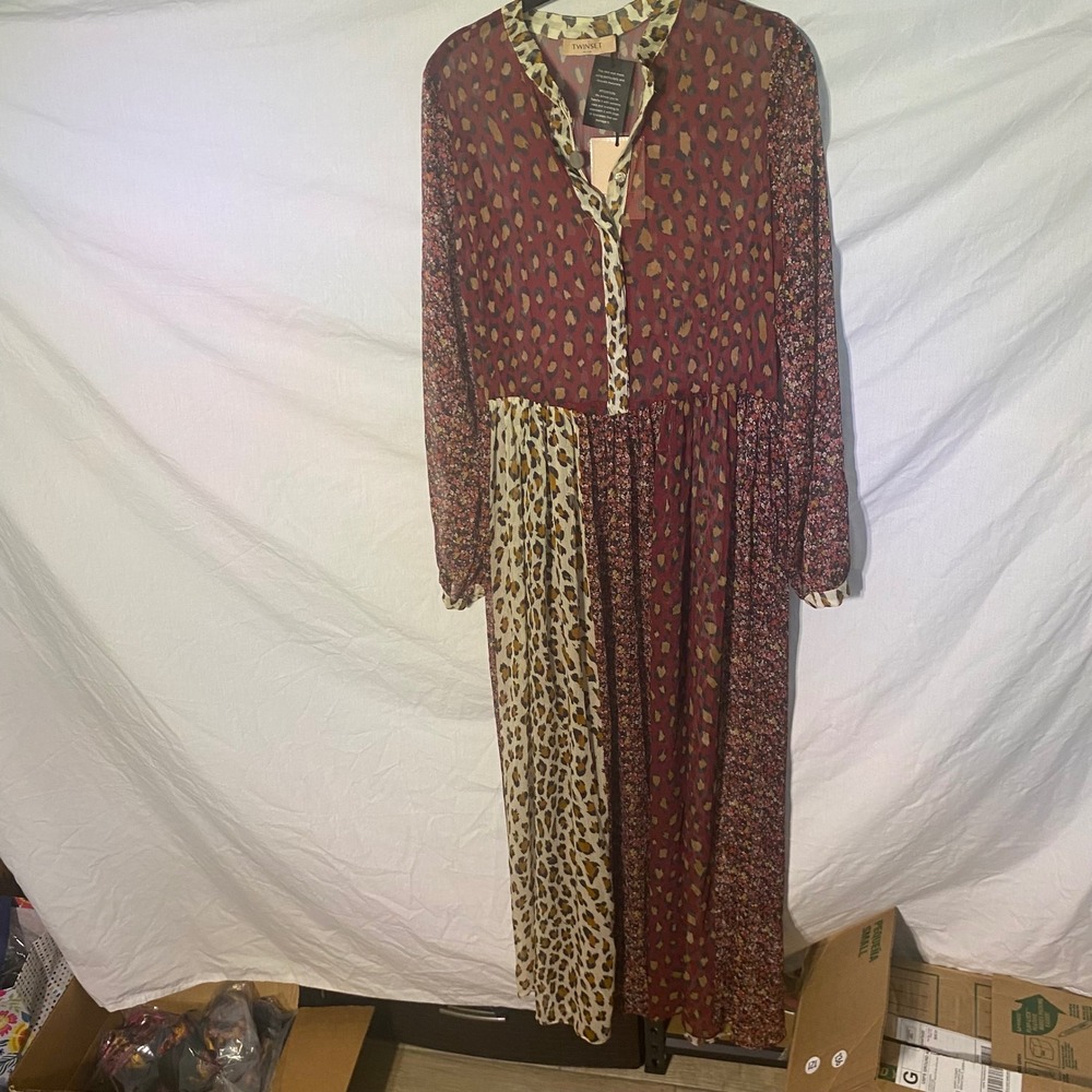 Twinset Milano Leopard Floral Patchwork‎ Maxi Dress Burgundy IT 42 212TT2250 NEW